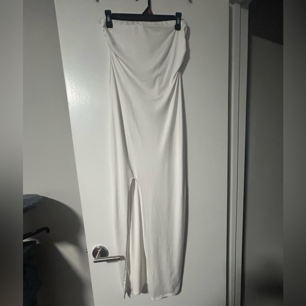 Long white strapless dress